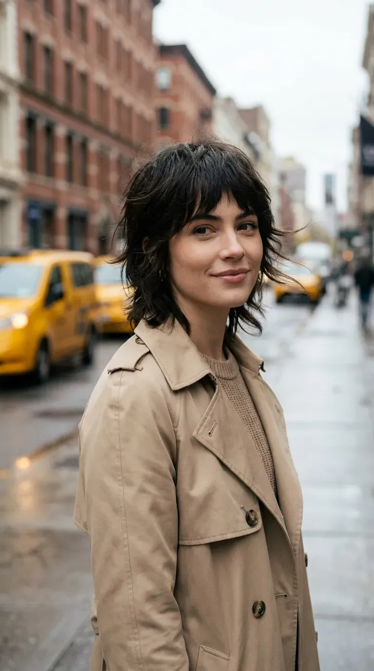 Woman with a choppy shag featuring soft feathered layers throughout