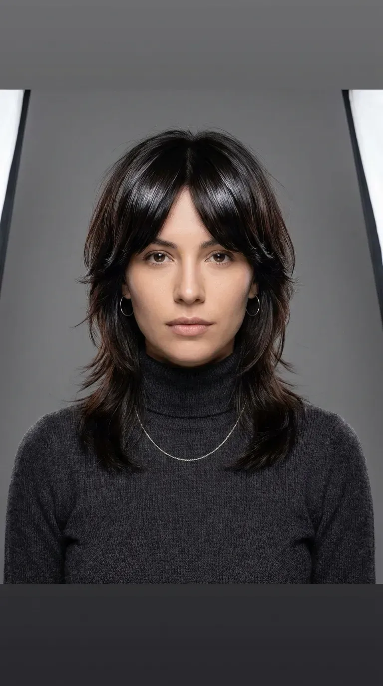 Woman with a choppy shag styled with a smooth glossy finish