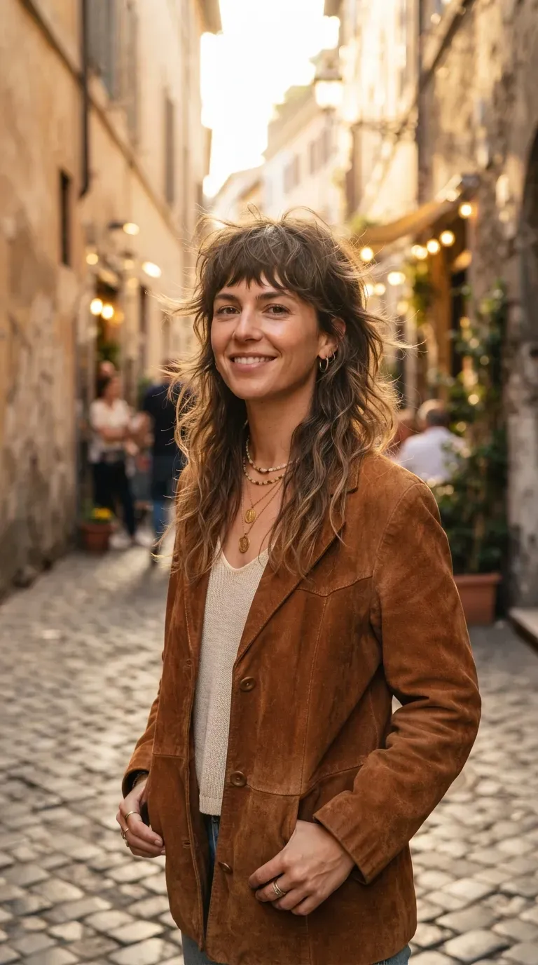 Woman with a choppy shag featuring longer layers left through the length