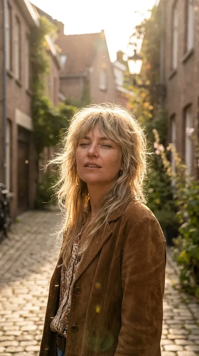 Woman with a choppy shag featuring longer layers left through the length