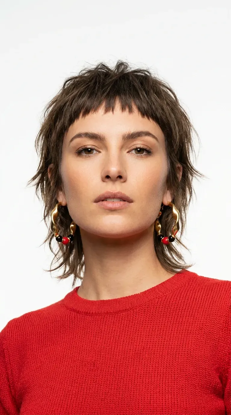 Woman with a choppy shag and short micro bangs above the eyebrows