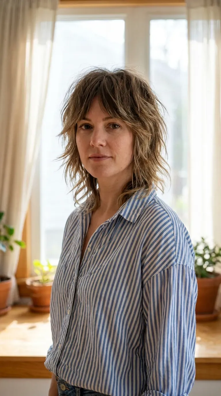 Woman with a choppy shag showing visible lift and volume at the roots