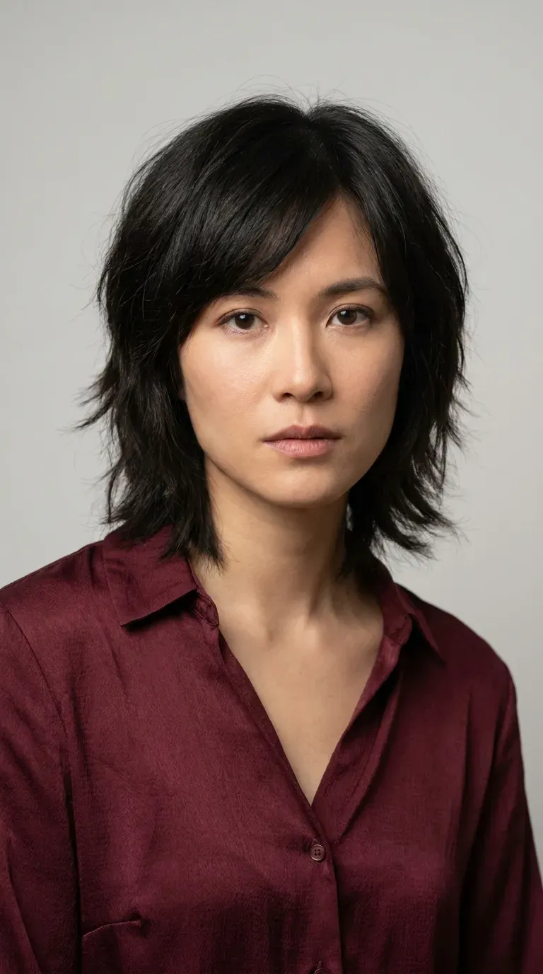 Woman with a choppy shag styled with a soft side part