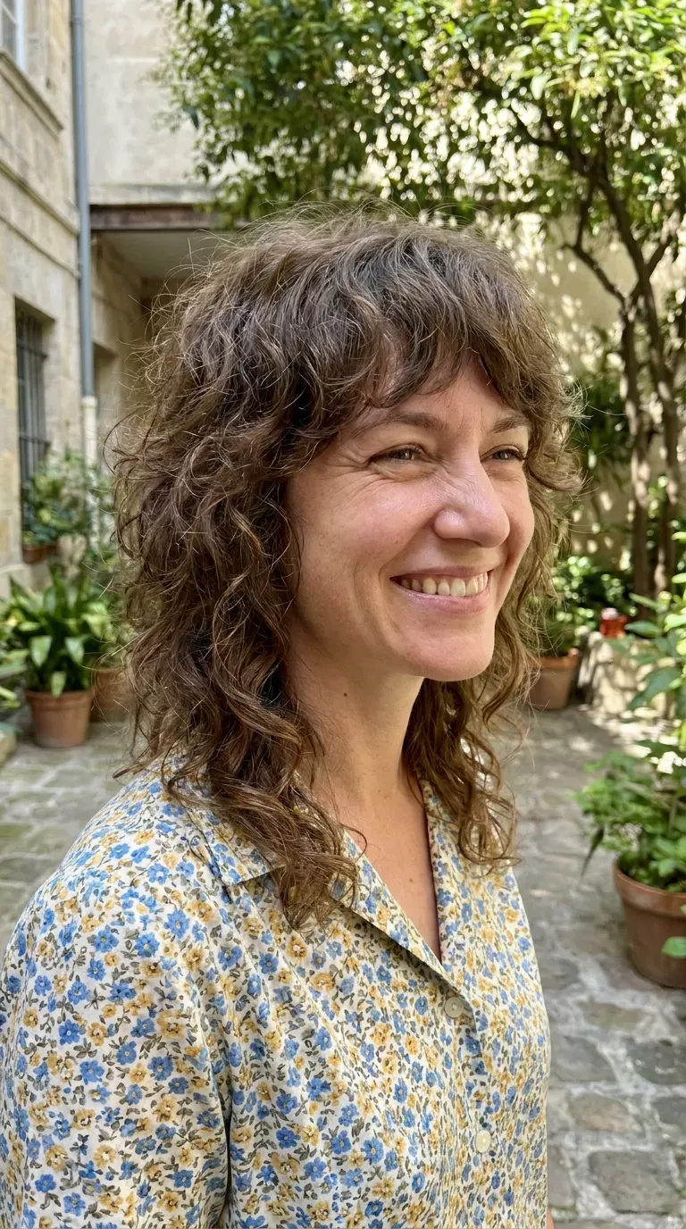 Woman with a choppy shag styled with soft defined curls throughout