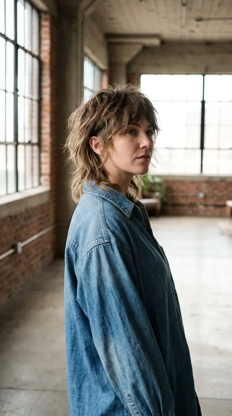 Woman with a choppy shag featuring a subtle undercut at the nape