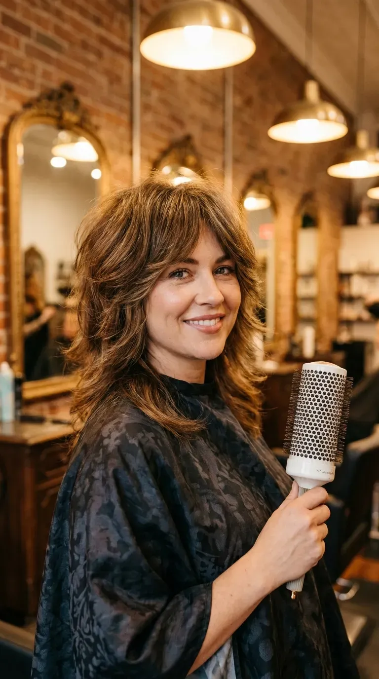 Woman with a choppy shag styled into a full voluminous blowout