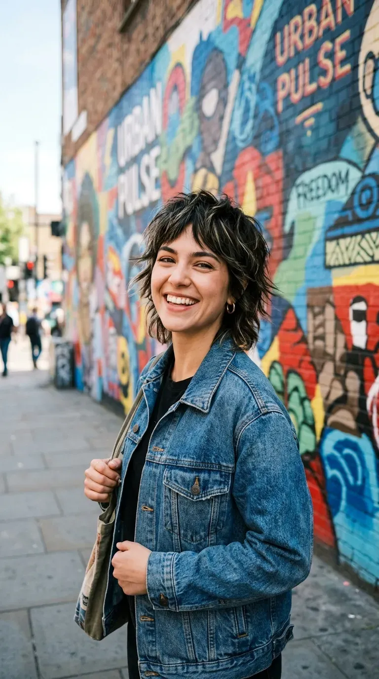 Woman with a short shag haircut styled with strong root lift and choppy layers