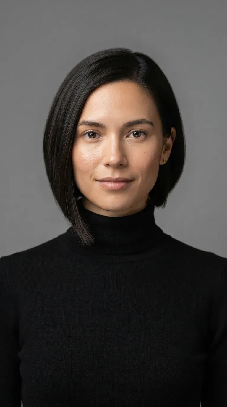 Woman with a classic angled bob, shorter in back and longer in front