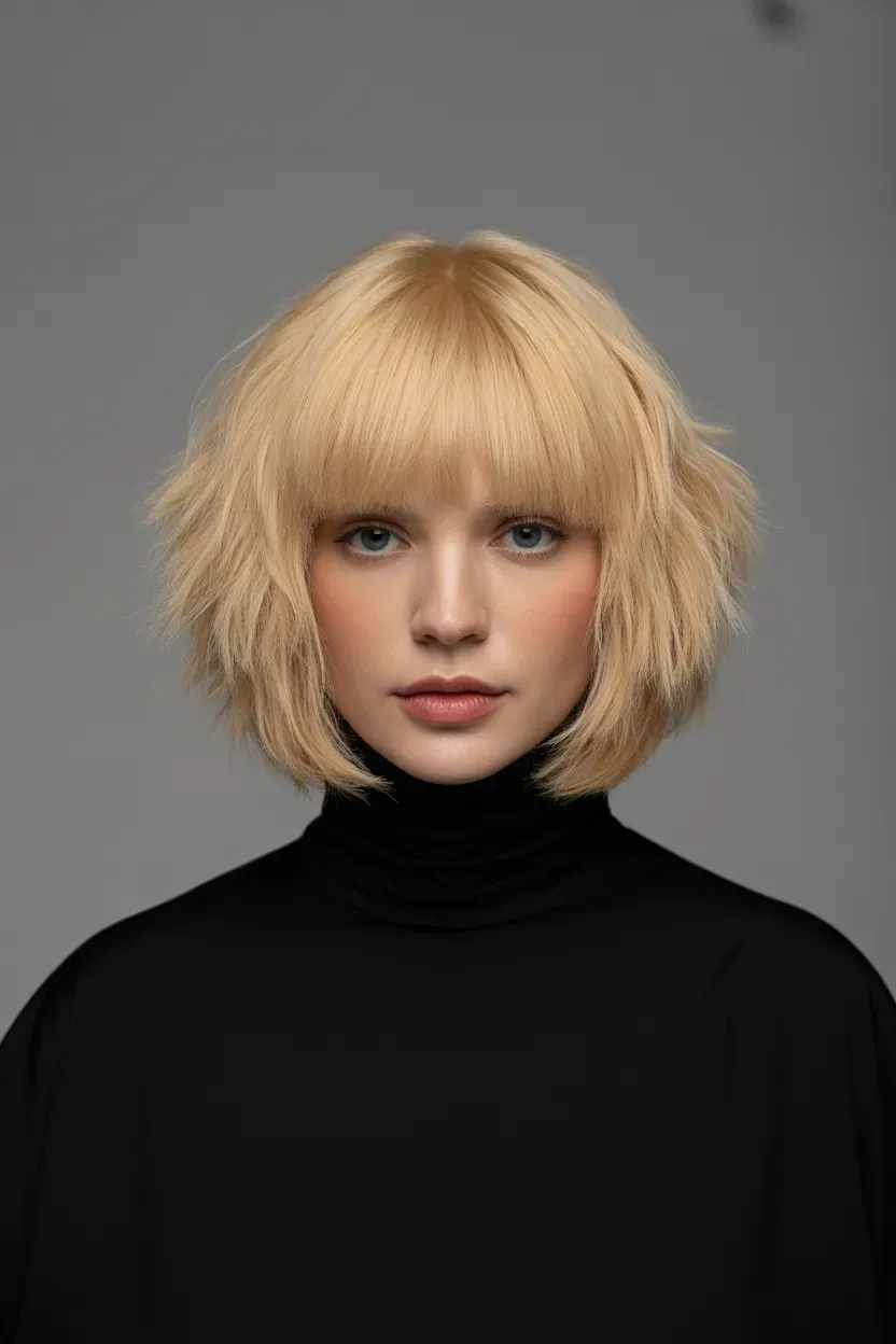 Woman with a classic blonde choppy bob featuring textured piecey ends