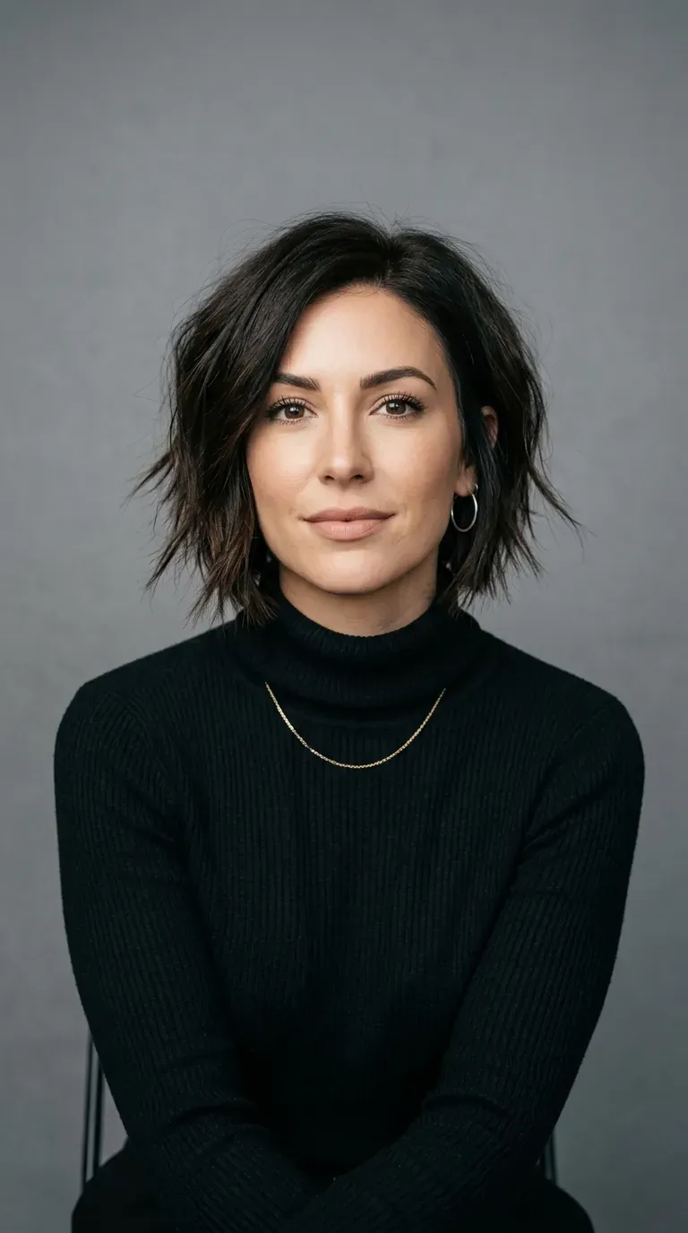 Woman with a classic choppy inverted bob, shorter in back and longer in front
