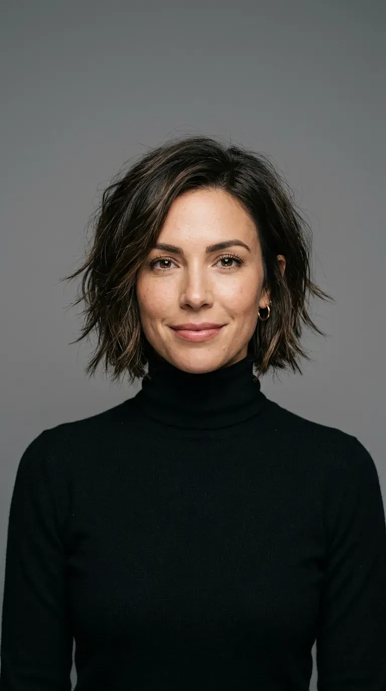 Woman with a classic choppy layered bob featuring textured piecey ends throughout