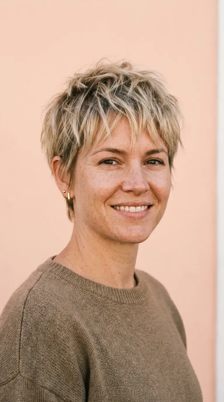 Woman with a classic choppy pixie cut featuring textured piecey layers