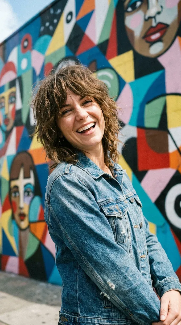 Woman with a classic choppy shag haircut at medium length