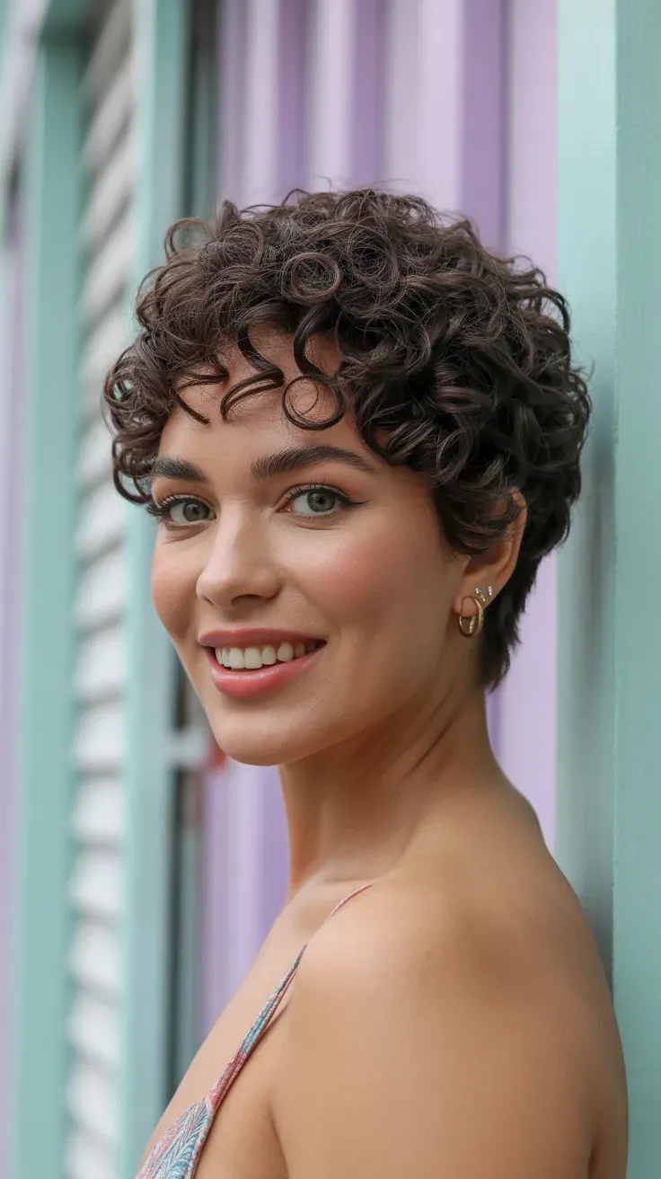 Woman with a classic curly pixie cut showing dense springy curls