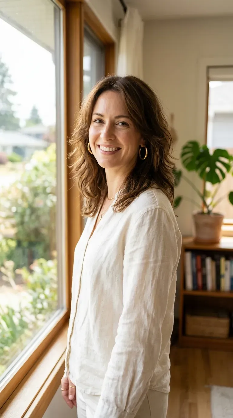 Woman with a classic layered medium-length haircut showing natural movement