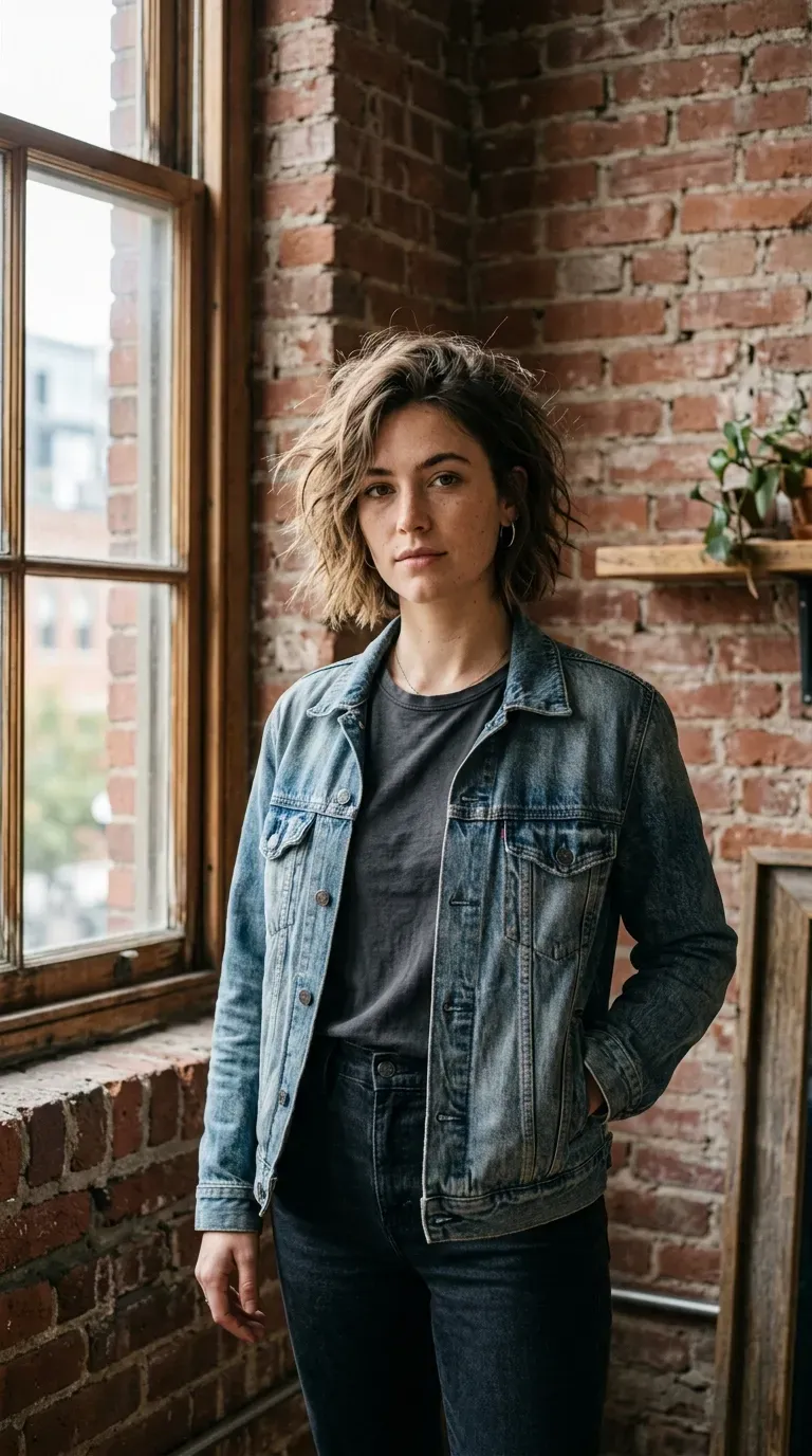 Woman with a classic messy bob featuring choppy textured layers