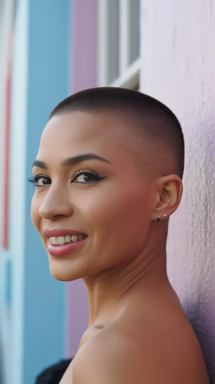 Woman with a classic pixie cut featuring closely shaved sides