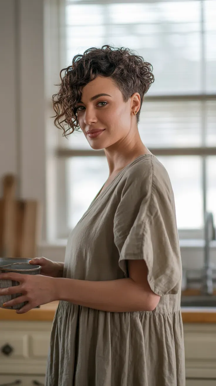Woman with a curly pixie featuring subtly asymmetric length between the two sides