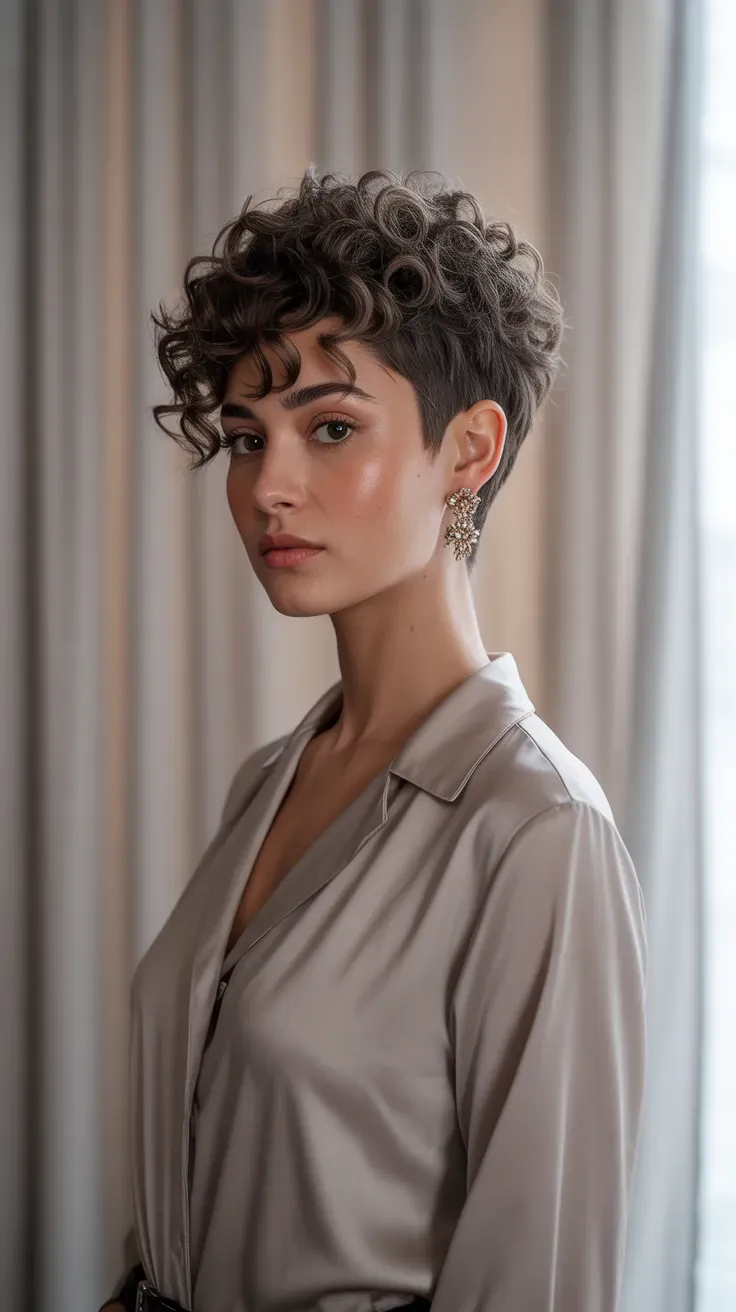 Woman with a curly pixie featuring a bold, more visible undercut design