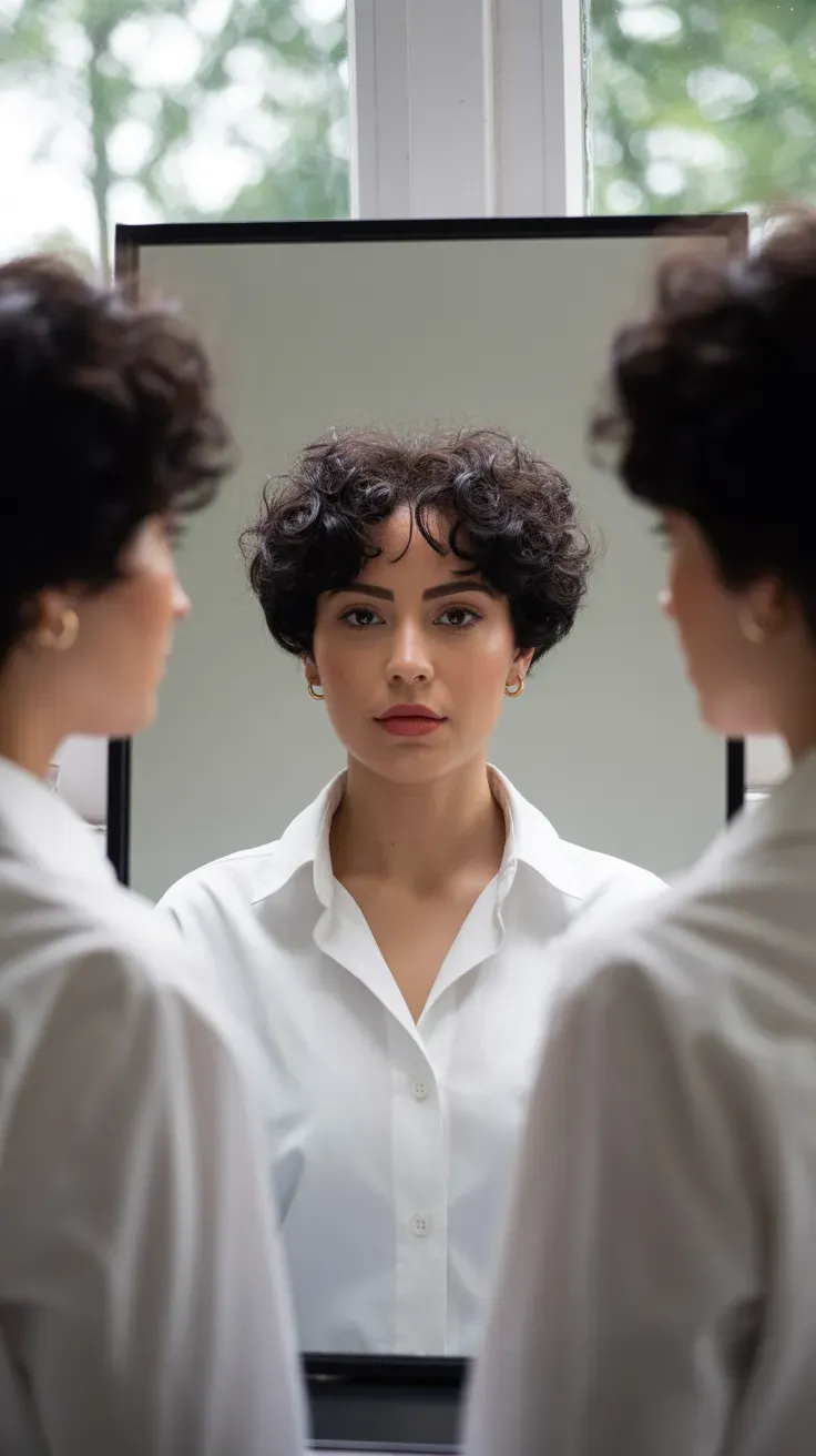 Woman with a curly pixie styled with a symmetrical center part