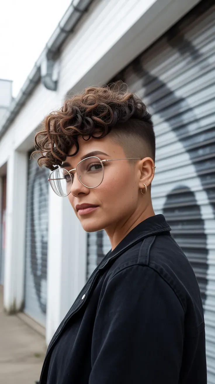Woman with a curly pixie cut styled with a deep side part