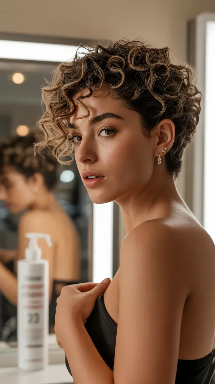 Woman with a curly pixie showing tightly defined ringlets throughout