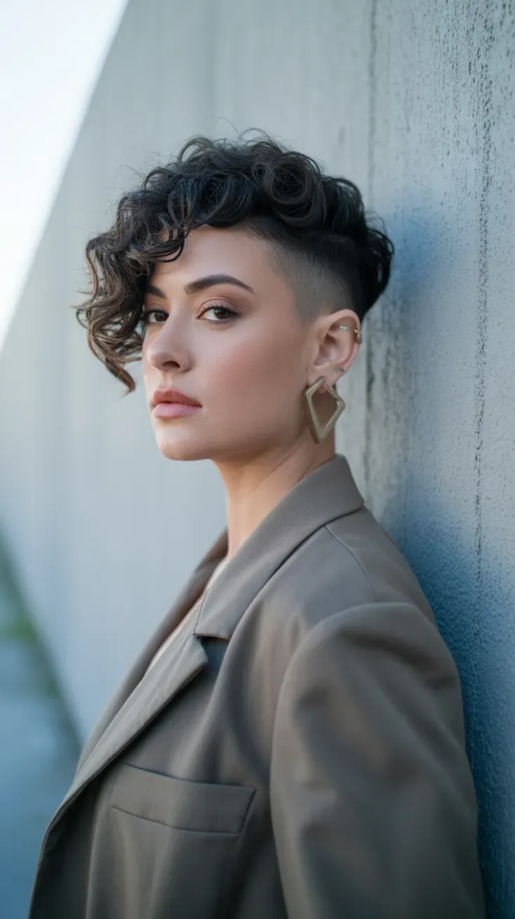 Woman with a curly pixie featuring softly faded sides
