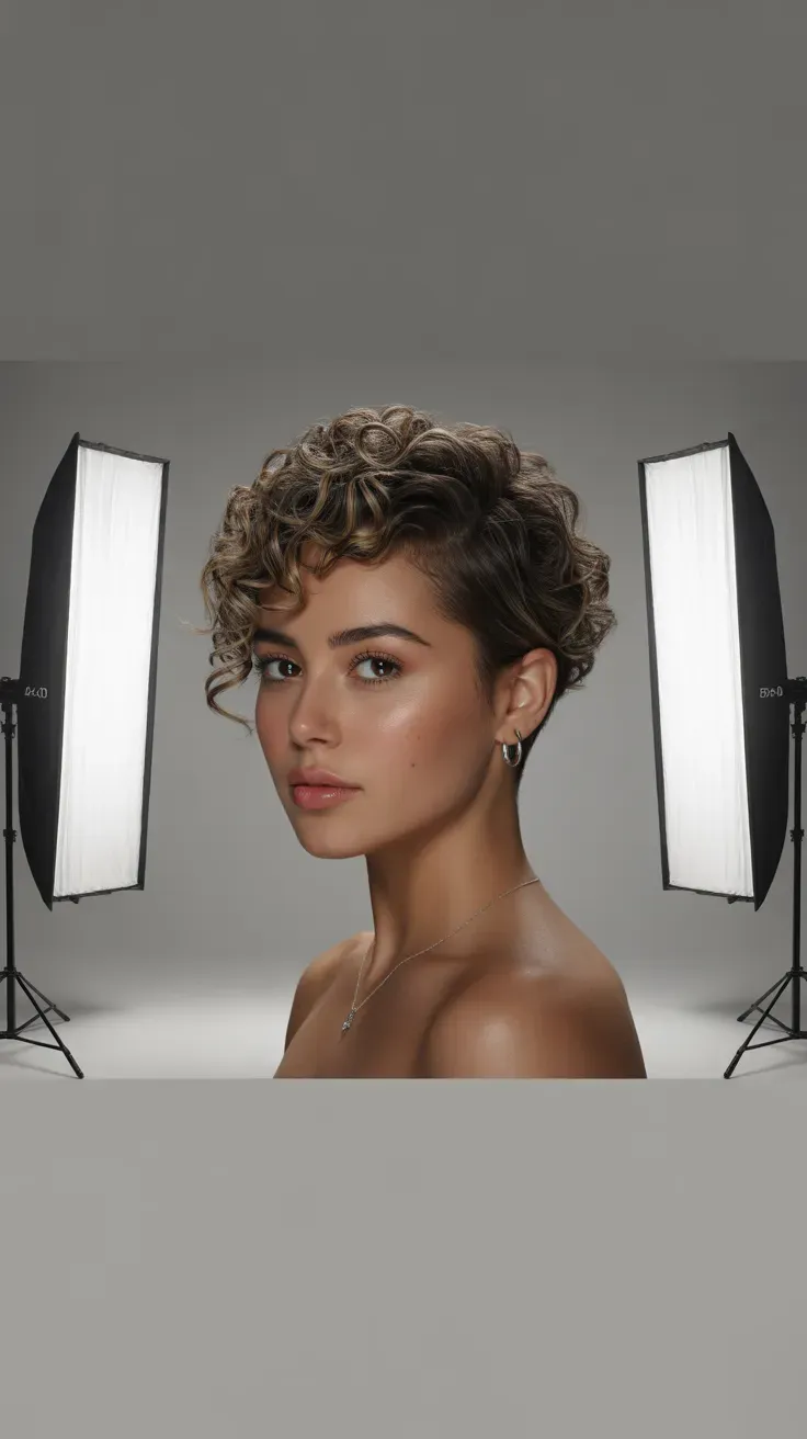 Woman with a curly pixie styled with a glossy, well-defined curl finish