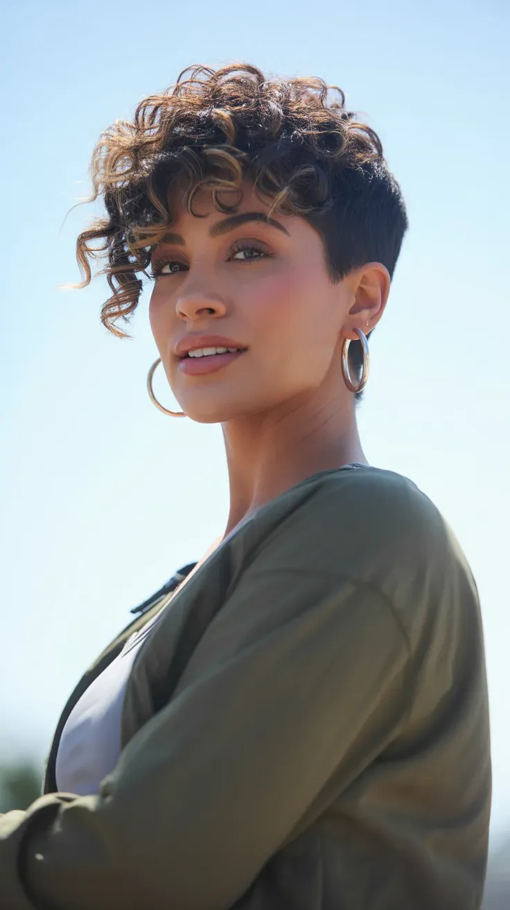Woman with a curly pixie featuring extra length left on top for movement