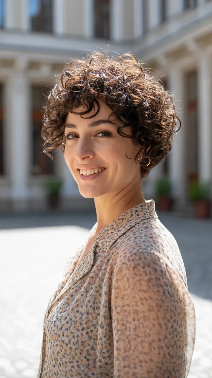 Woman with a curly pixie showing a looser, wavier curl pattern throughout