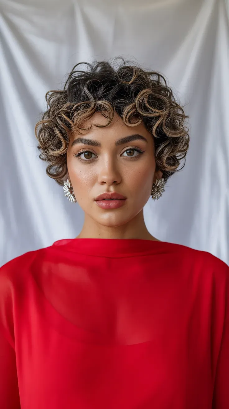 Woman with a curly pixie and short curly micro bangs above the eyebrows