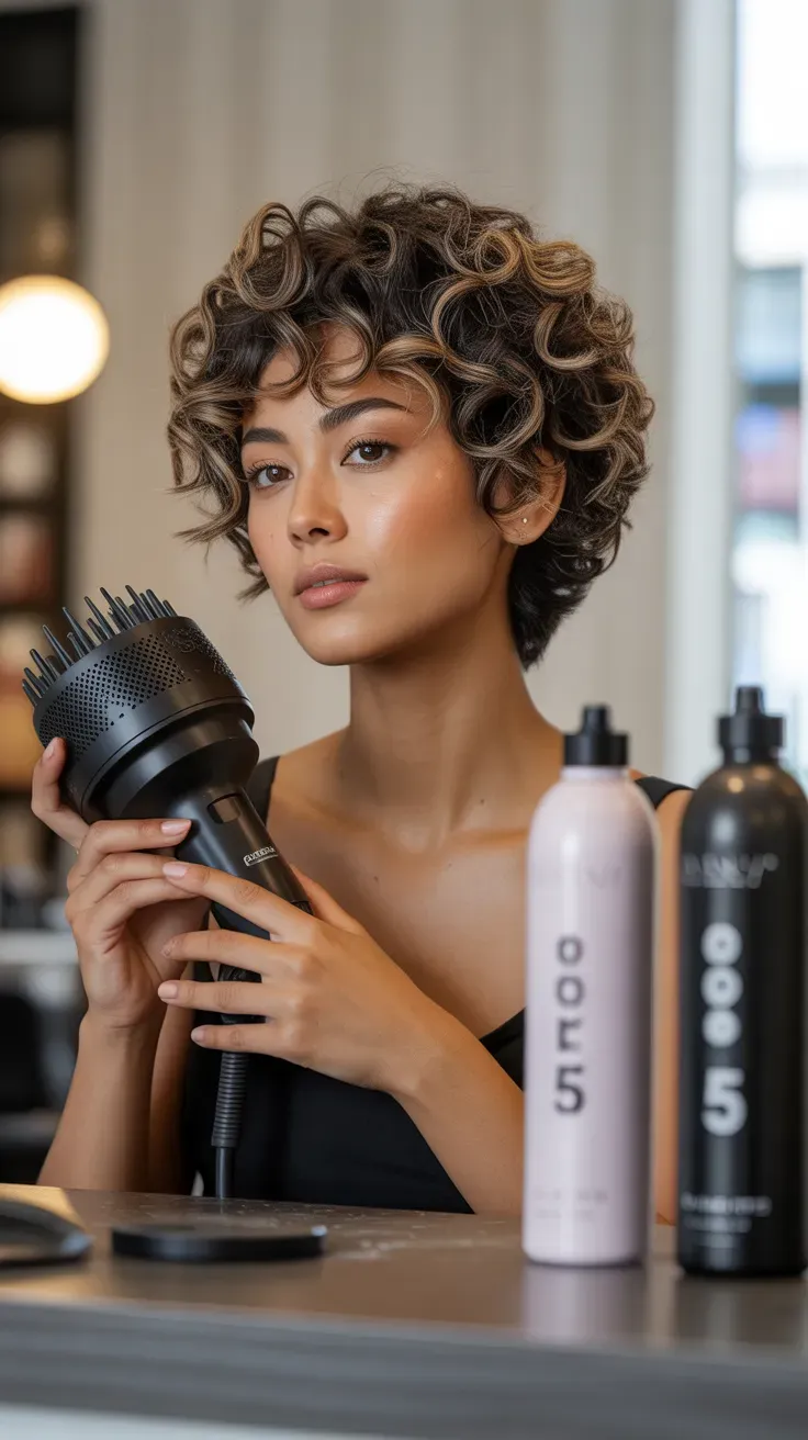 Woman with a curly pixie styled with strong root lift at the crown