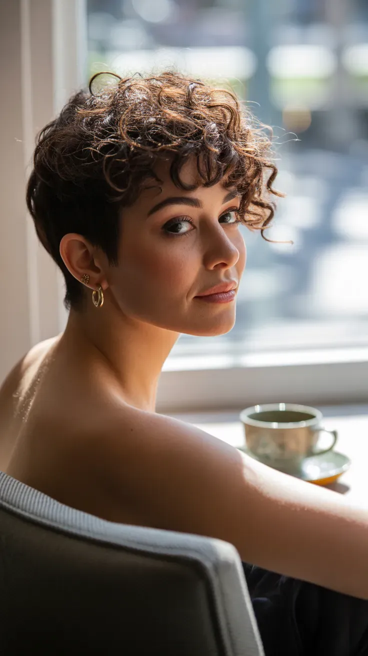 Woman with a curly pixie cut and swept side fringe
