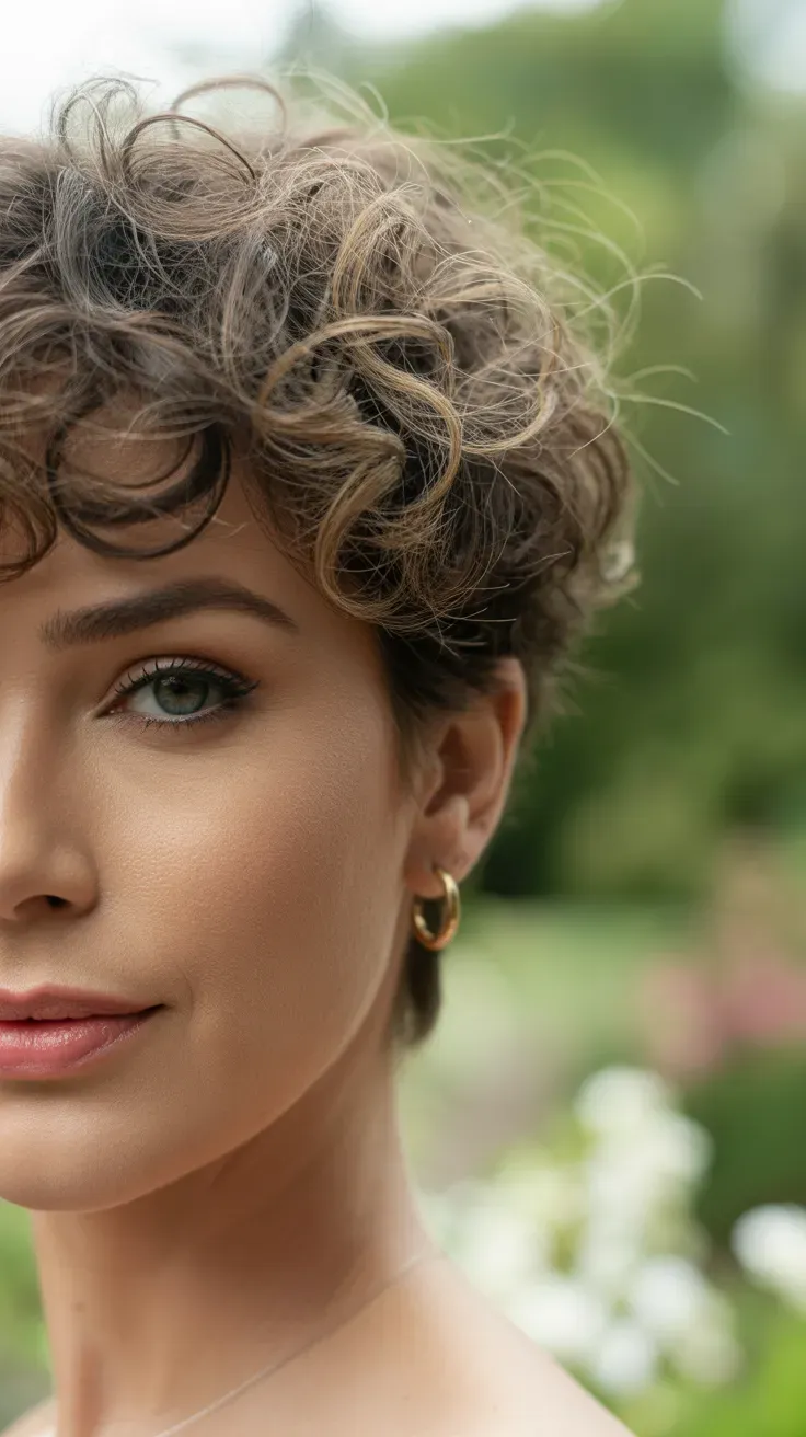 Close-up of woman with a curly pixie and soft wispy curly fringe