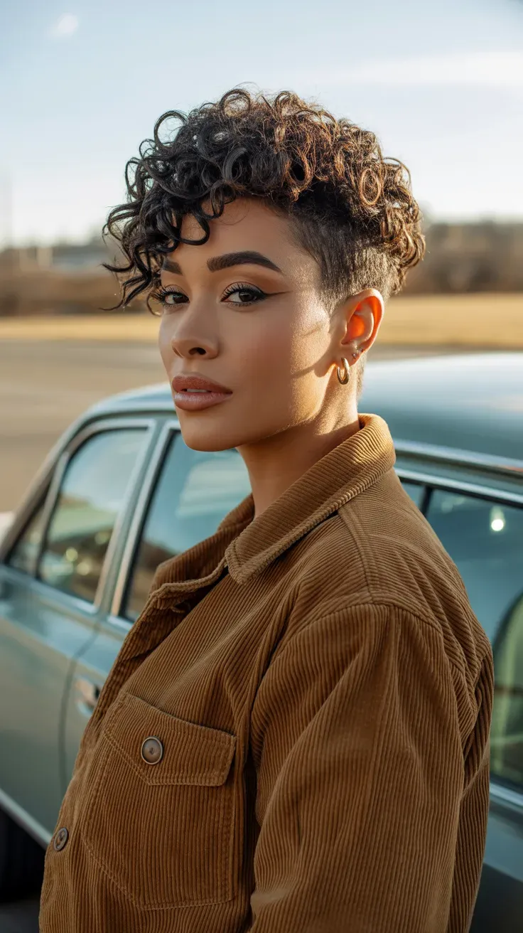 Woman with a curly pixie featuring heavily textured, piecey curls at the crown