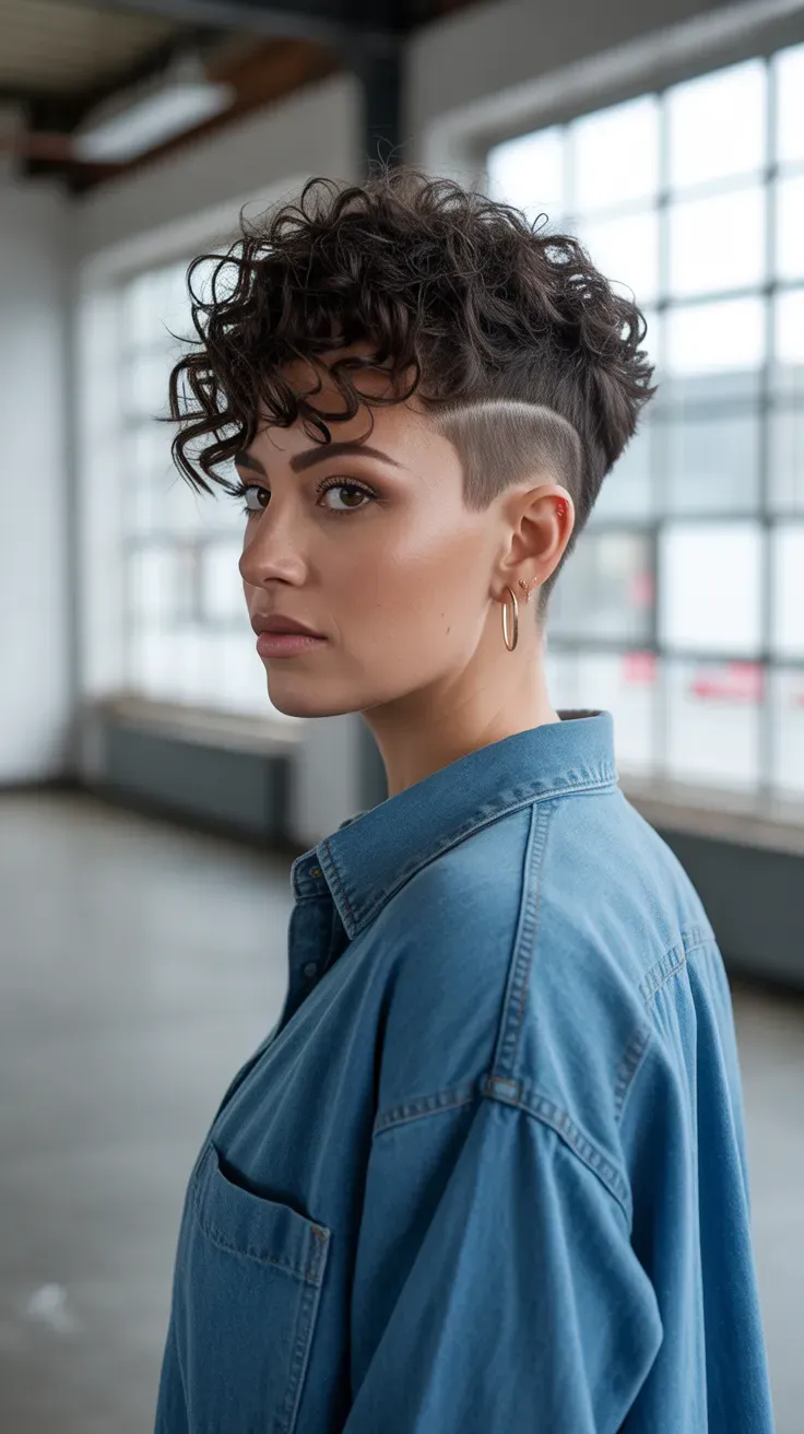 Woman with a curly pixie cut featuring a subtle undercut at the nape