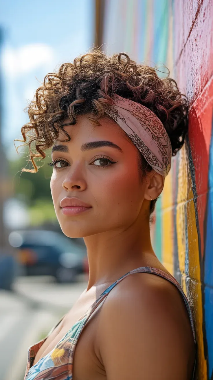 Woman with a curly pixie featuring exaggerated volume at the crown
