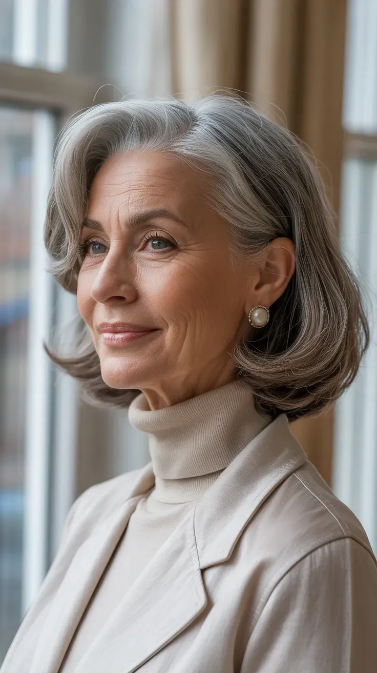 Woman with a medium-length bob styled with soft elegant waves