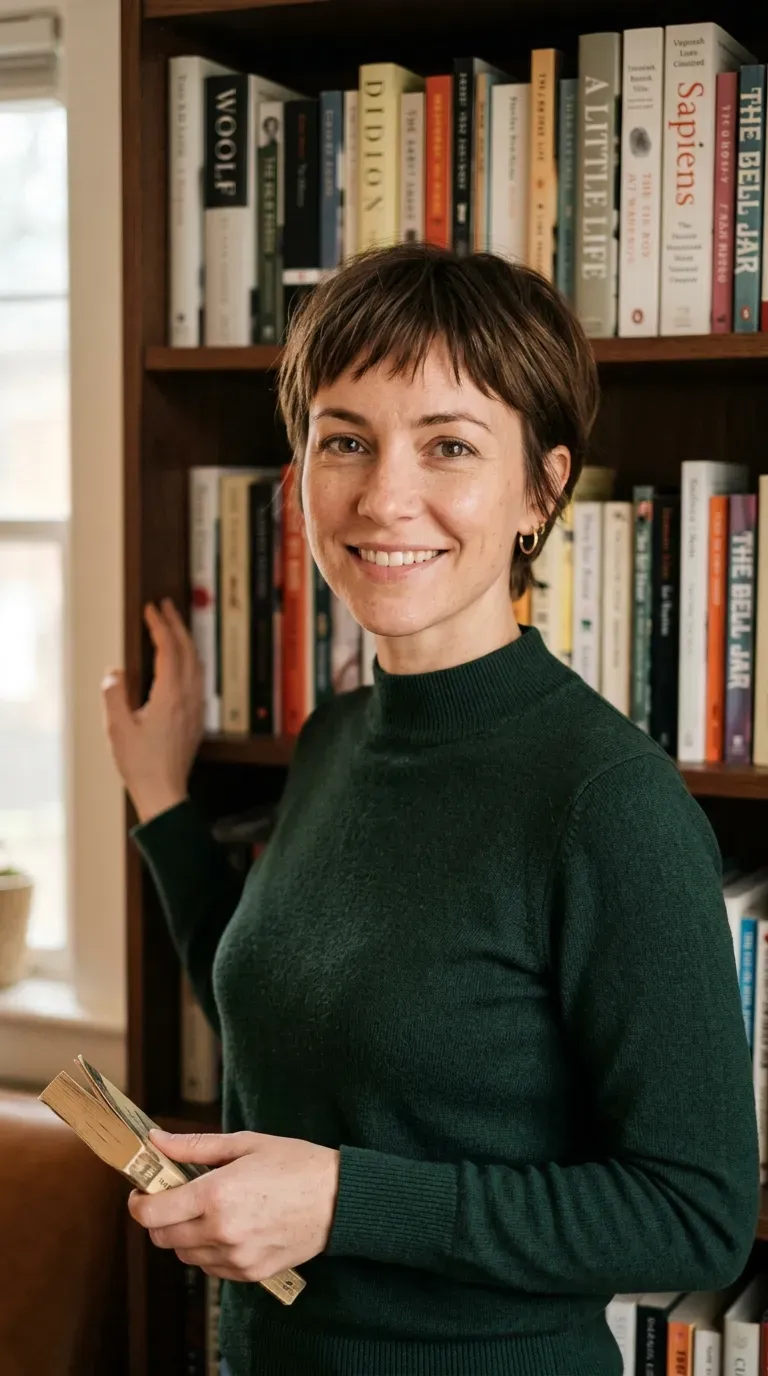 Woman with a short layered crop haircut and wispy bangs across the forehead