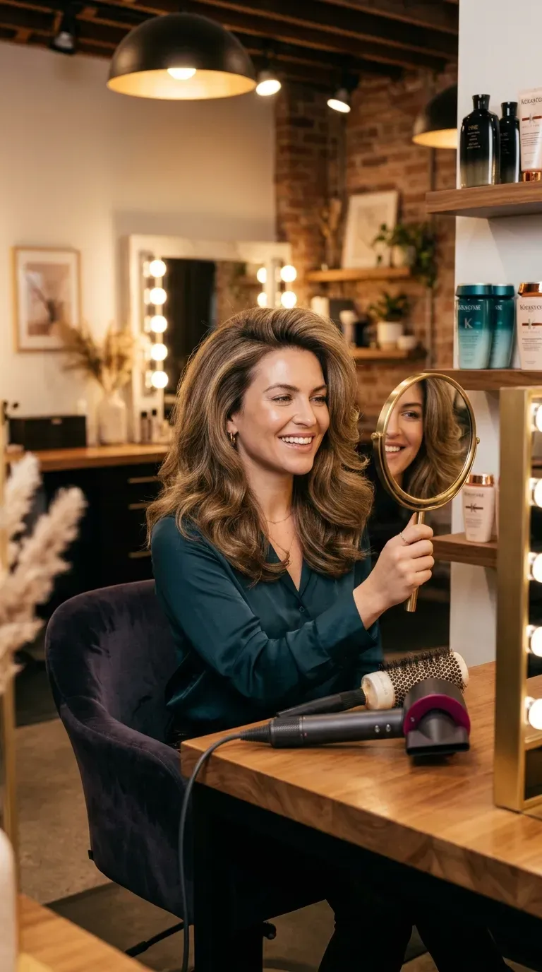 Woman with a full voluminous blowout showing lifted roots and smooth ends