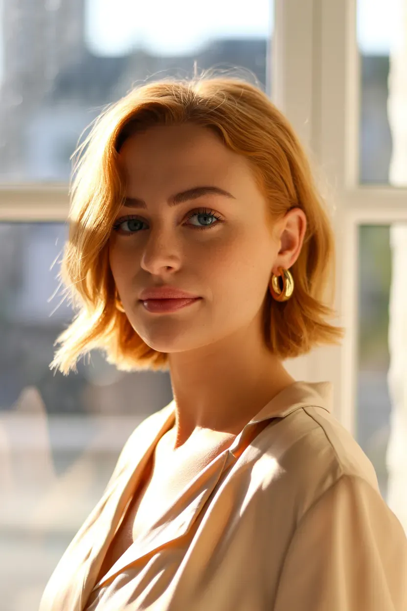 Woman with a warm golden blonde choppy bob