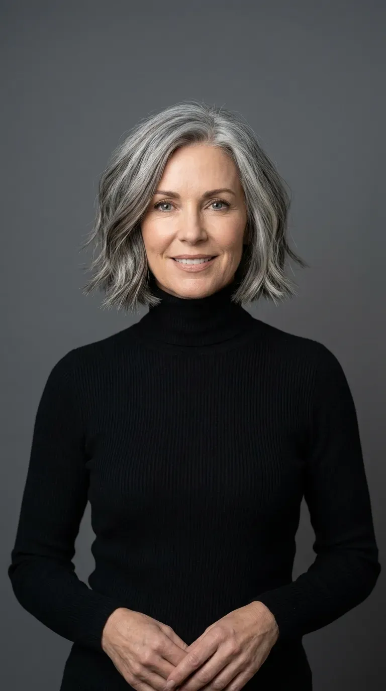 Woman with a gray bob haircut featuring dimensional lowlights throughout