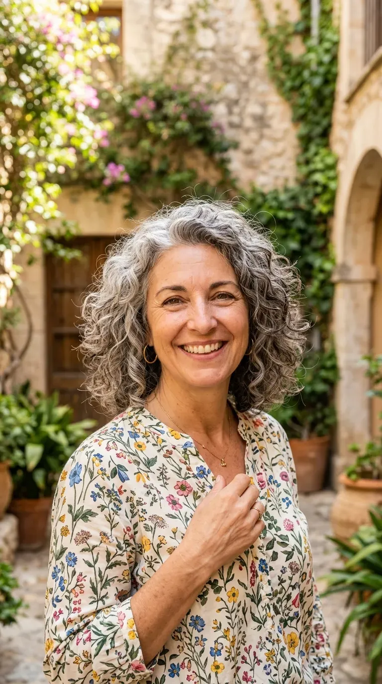 Woman with gray curly hair featuring lowlights woven through individual curls