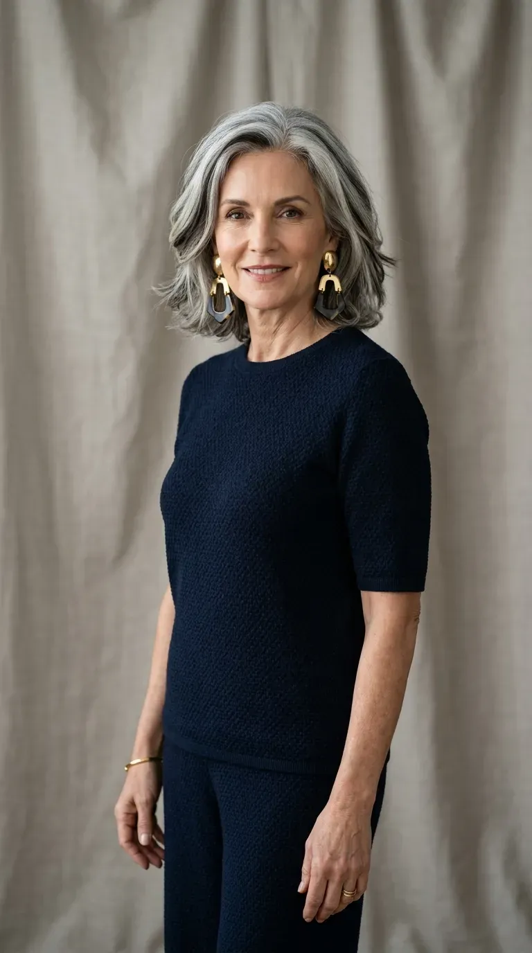 Woman with gray hair featuring bold, chunky dark lowlights