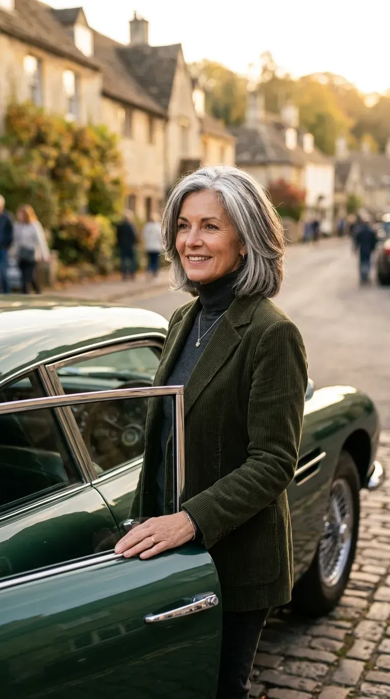 Woman with gray hair featuring lowlights concentrated at the crown for added dimension