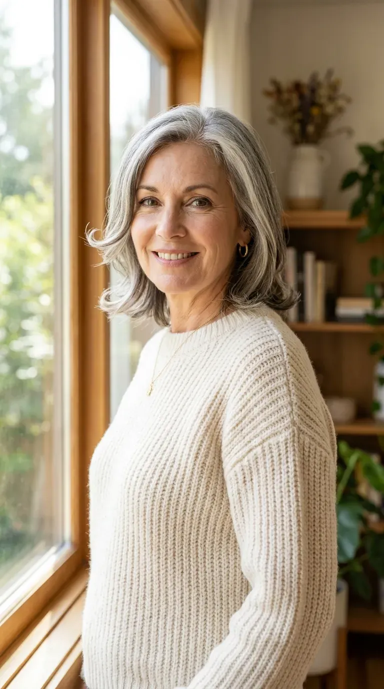 Woman with gray hair featuring lowlights concentrated around the face