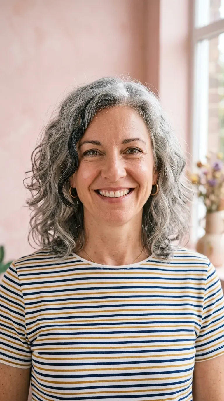 Woman with gray hair featuring a single darker face-framing piece