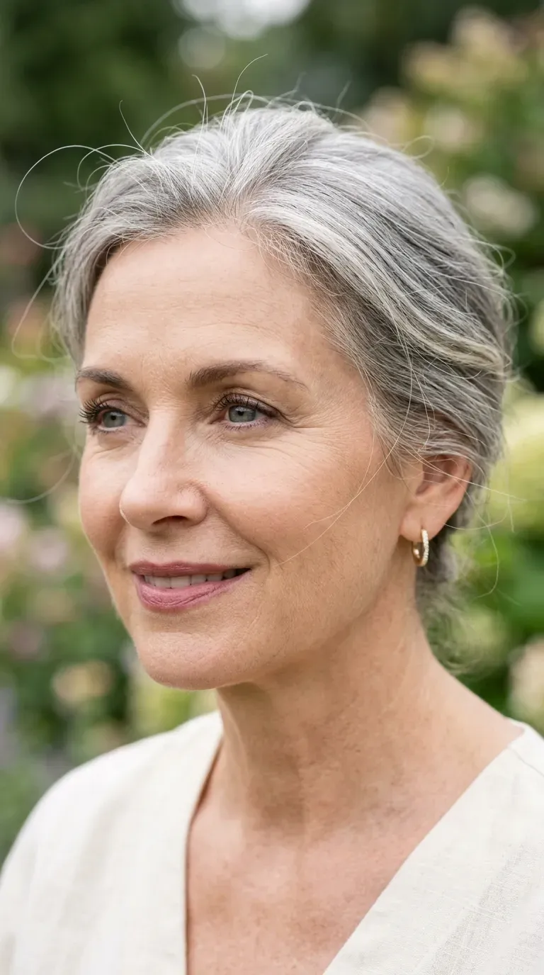 Woman with gray hair featuring very fine, delicately placed lowlights
