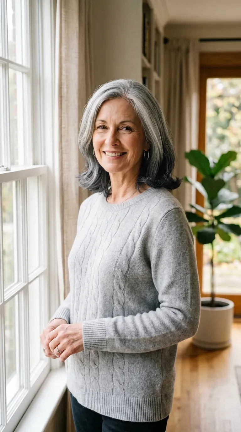 Woman with gray hair featuring a graduated ombre-style transition into darker lowlights