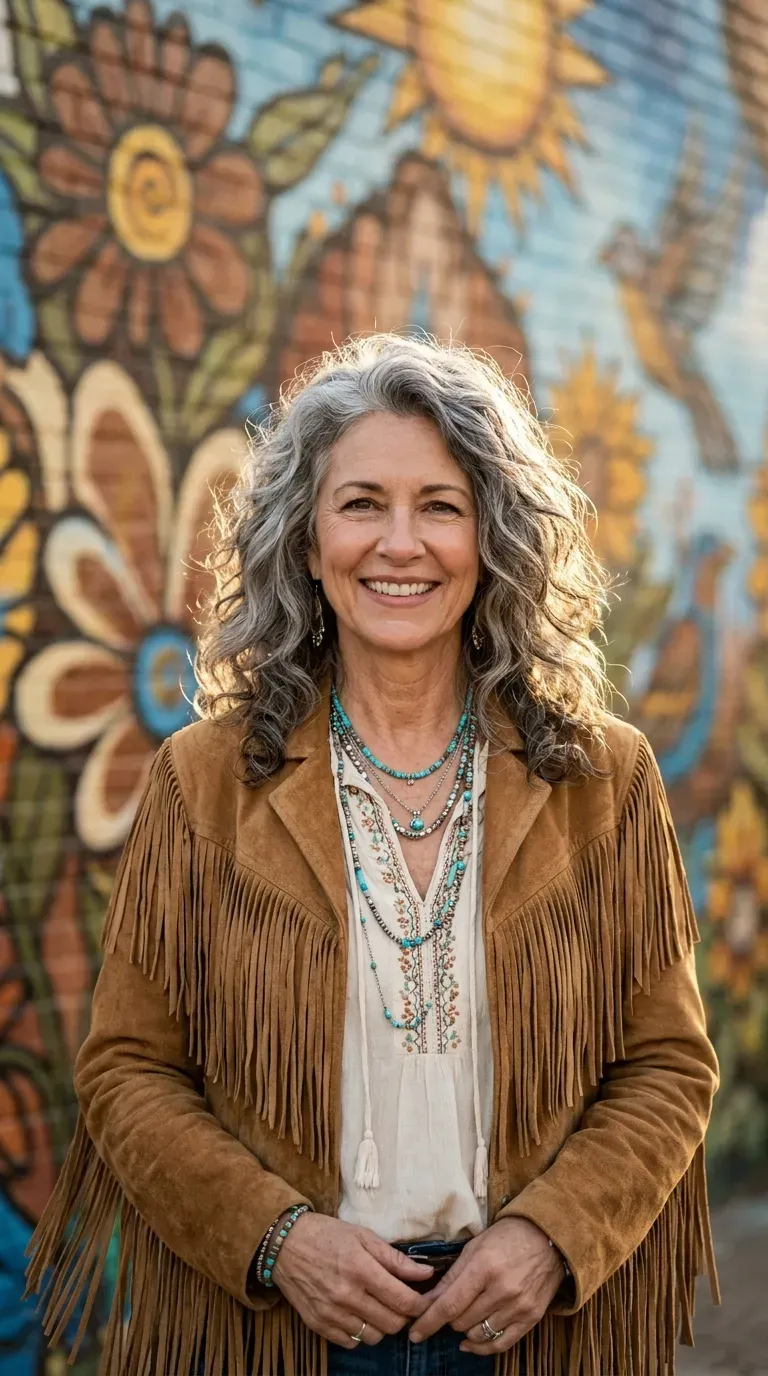Woman with gray hair featuring soft hand-painted lowlights for a natural gradient